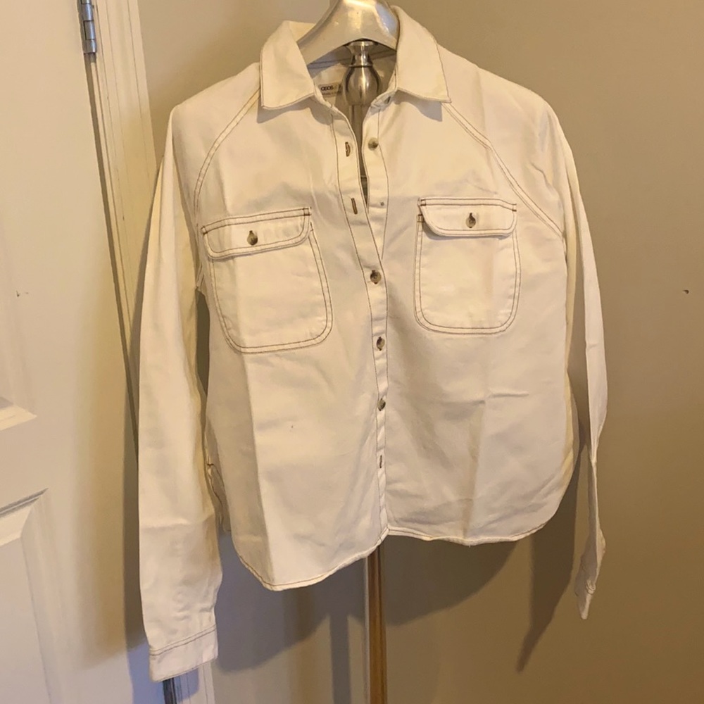 White denim button down shirt with top stitching